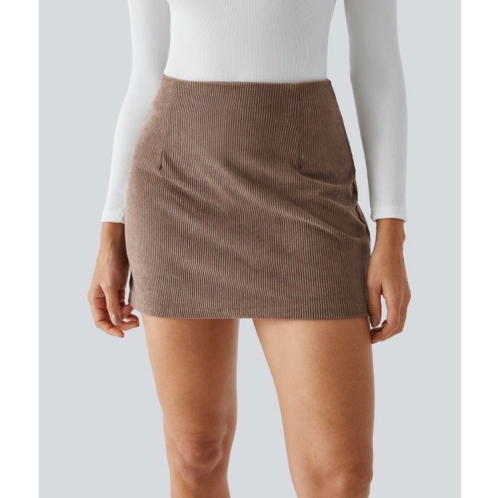 Halara AuraCord Cloud Brown Corduroy Skirt with Built-in Shorts Women M Long NWT